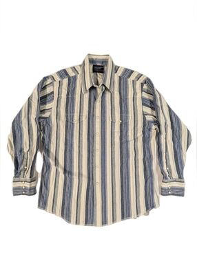 Wrangler Western Shirt Mens 17.5 x 35 XL Blue White Stripe Pearl Snap Long Tail